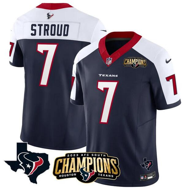 Men's Houston Texans #7 C.J. Stroud Navy/White 2023 F.U.S.E. AFC South Champions Patch And Team Logo Patch Vapor Untouchable Limited Stitched Football Jersey